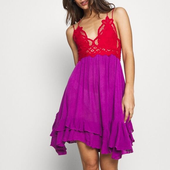 Free People FP One Red/ Purple Adella Mini Dress Size Extra Small - Picture 1 of 16